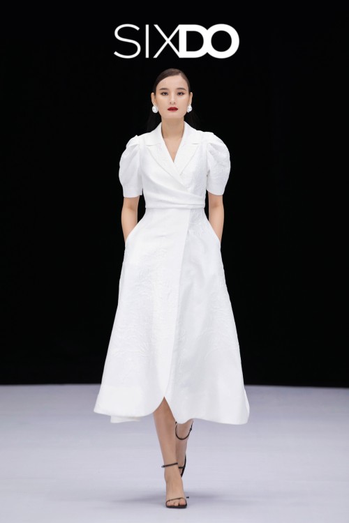 Sixdo White Midi Brocade Wraparound Dress
