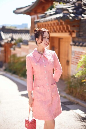 Sixdo Peach Pink Check Mini Tweed Dress