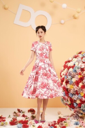 Sixdo Pink Peach Blossom Pouf Midi Dress