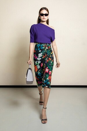 Sixdo Black Floral Midi Silk Skirt