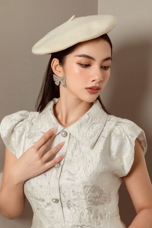 Sixdo Cap Sleeves Brocade Dress In White Limied Collection