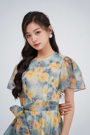 Sixdo Yellow Floral Short Sleeves Midi Dress