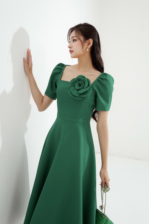Sixdo Green Puff-sleeves Midi Woven Dress