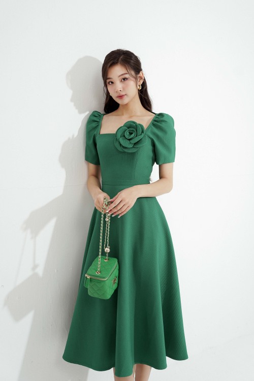 Váy đầm - Green Puff-sleeves Midi Woven Dress