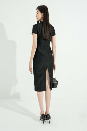 Sixdo Black Short Sleeves Midi Brocade Dress