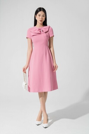 Sixdo Pink Bowtie Midi Woven Dress