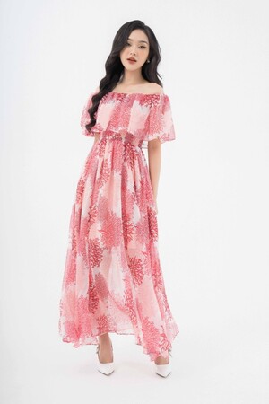 Sixdo Red Coral Off-shoulder Maxi Voile Dress