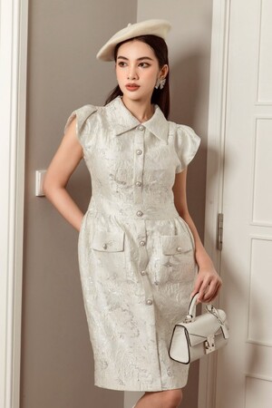 Cap Sleeves Brocade Dress In White Limied Collection
