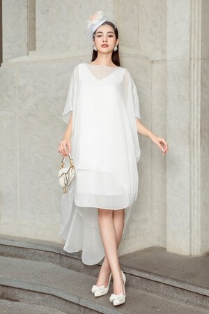 White Polka Dot Midi Chiffon Dress