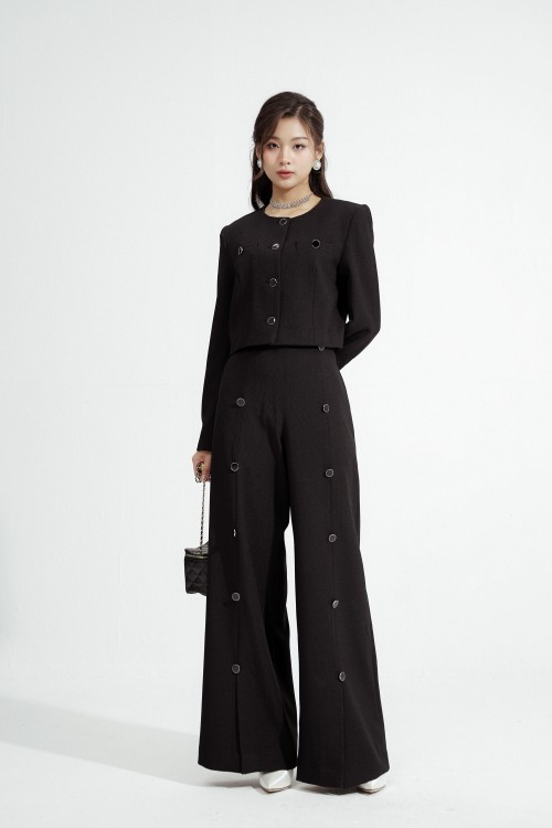Black Wide Leg Raw Pants With Buttons