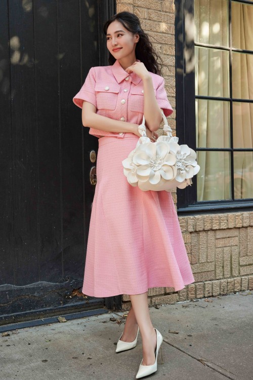 Pink Midi Tweed Skirt