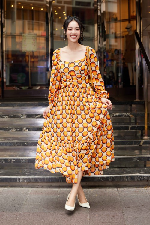 Cream Polka Dot Midi Chiffon Dress