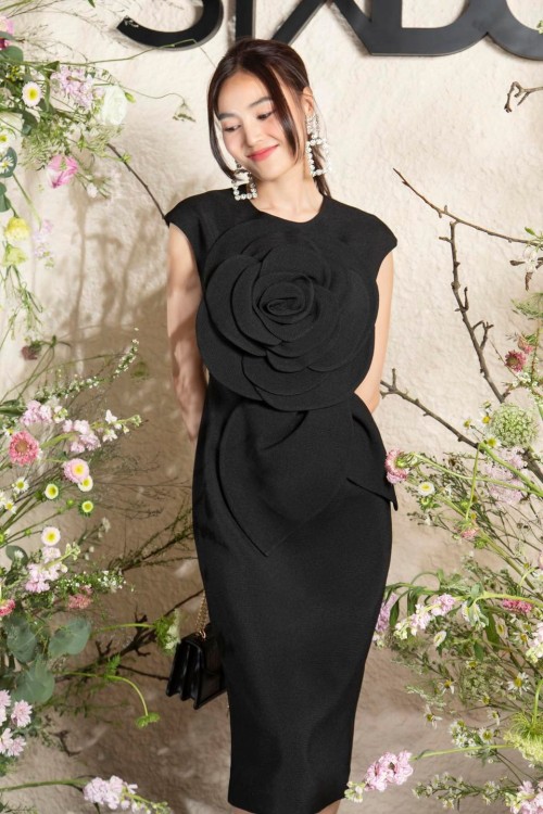 Black Midi Raw Dress With Black Flower