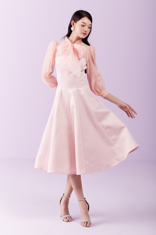 Sixdo Light Pink Bowtie Midi Taffeta Dress