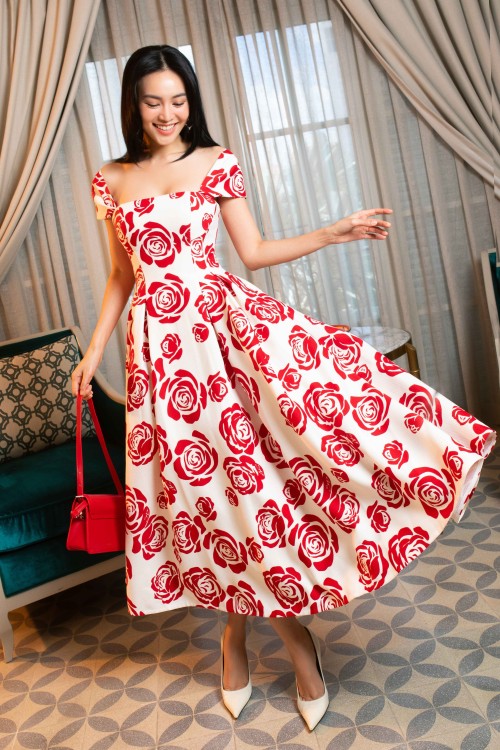 Sixdo White With Red Rose Midi Raw Dress