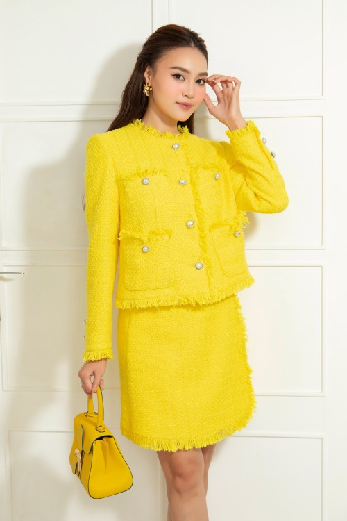 Sixdo Yellow Straight Mini Tweed Skirt