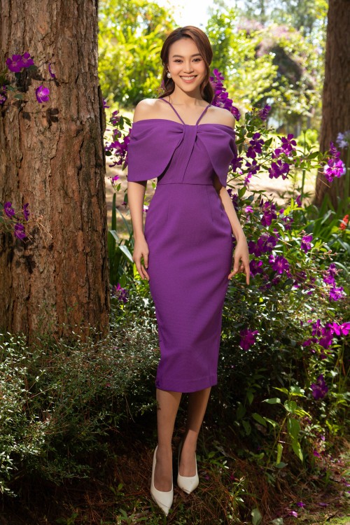 Sixdo Purple Cape Midi Raw Dress