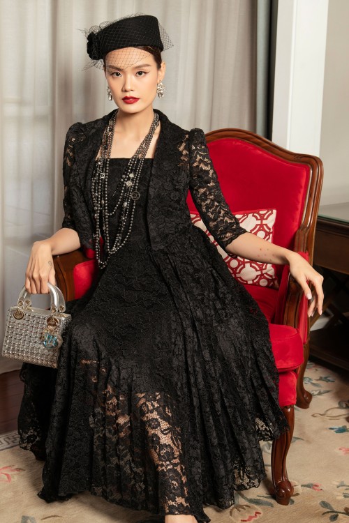 Sixdo Black Lace Dress And Vest Set In Deep Collection