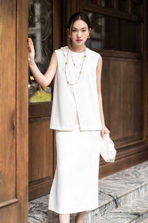 Sixdo White Midi Silk Skirt