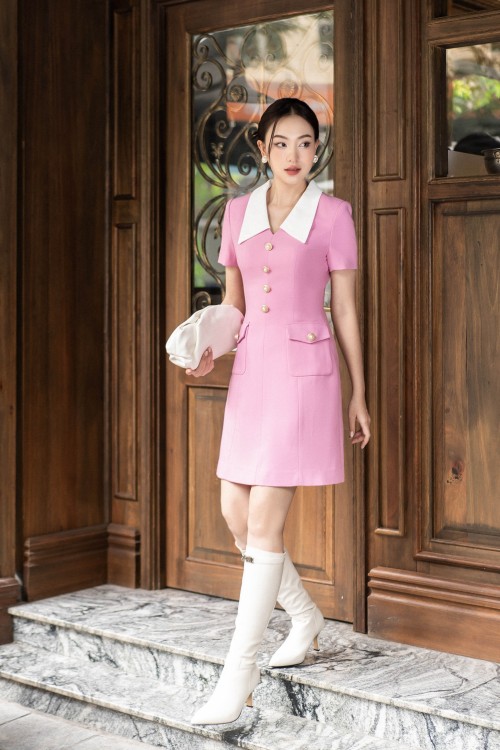 Sixdo Magenta Short Sleeves Mini Woven Dress