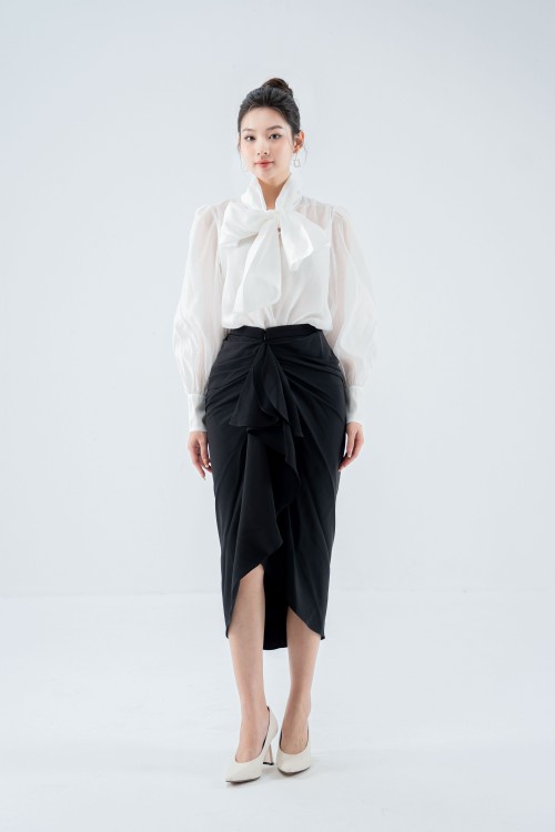 Sixdo Black Ruffle Midi Silk Skirt (Chân váy)