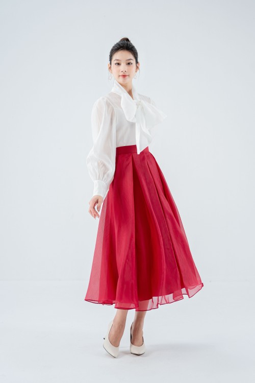 Sixdo Dark Red Box Pleated Midi Skirt (Chân váy)