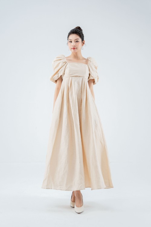 Sixdo Dark Cream Puff-sleeves Midi Linen Dress