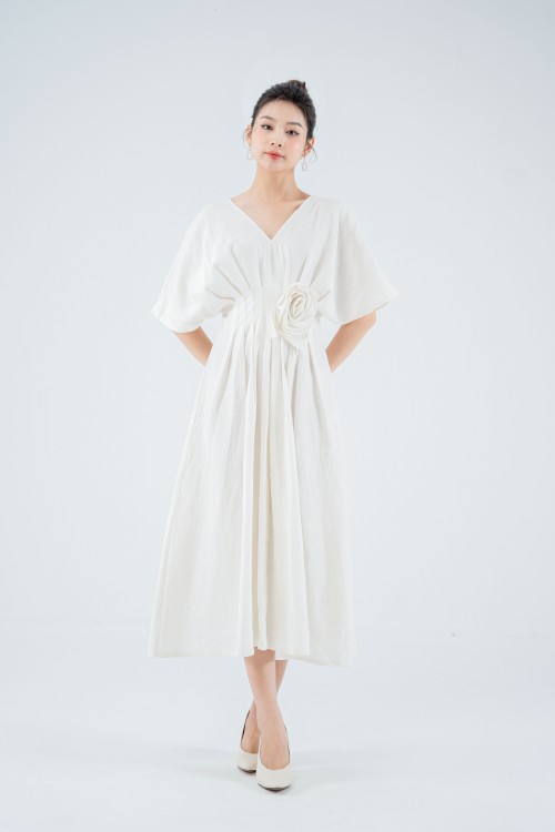 Sixdo V-neck Midi Linen Dress