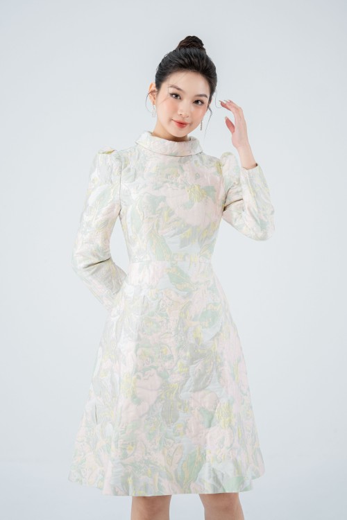 Sixdo Green Floral Midi Brocade Dress