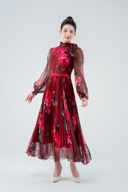 Sixdo Dark Red Rose Pleated Midi Voile Dress