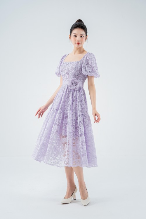 Sixdo Light Purple Midi Lace Dress