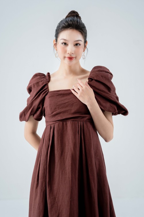 Sixdo Chocolate-brown Puff-sleeves Midi Linen Dress
