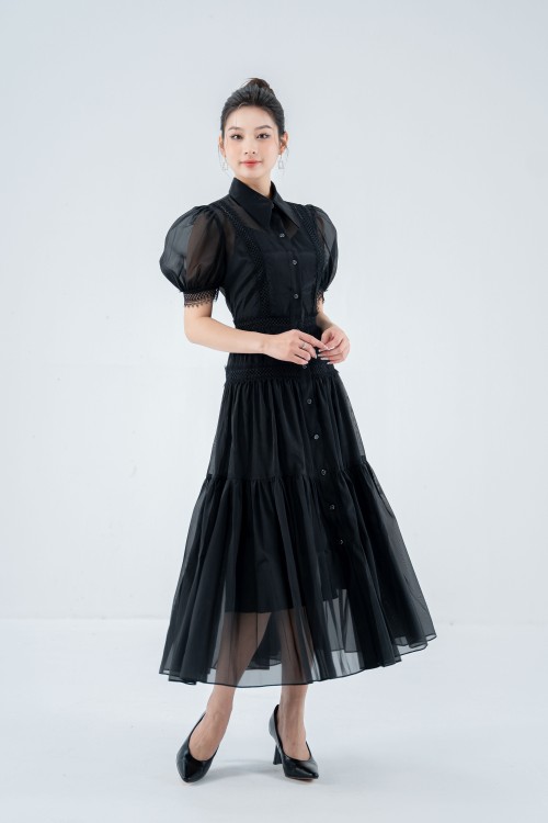 Sixdo Black Puff-sleeves Midi Dress