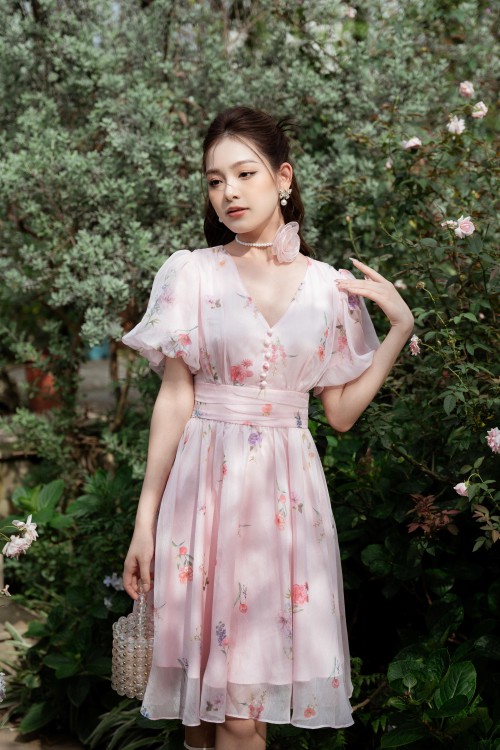 Sixdo Z-Pink Floral V-neck Mini Voile Dress