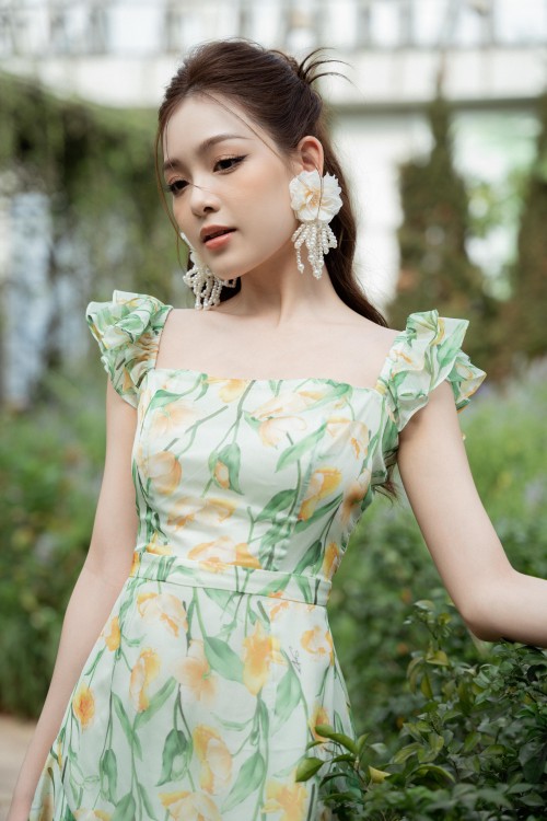 Sixdo Z-Light Green Floral Strappy Mini Voile Dress