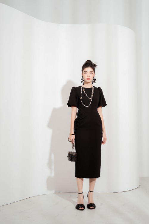 Sixdo Black Puff-sleeves Midi Woven Dress