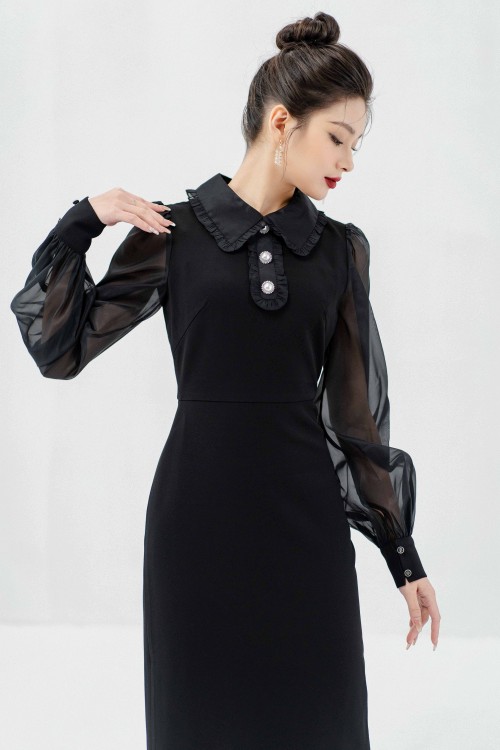 Sixdo Black Bishop Sleeve Midi Woven Dress