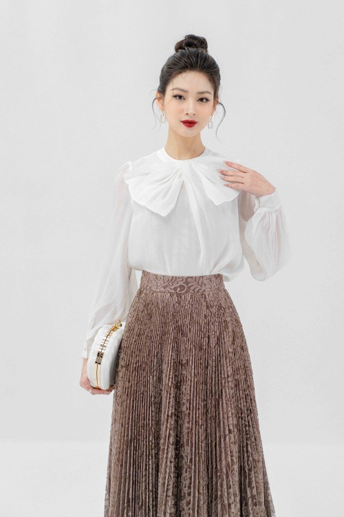 Sixdo Greyish-brown Accordion Pleat Midi Lace Skirt (Chân váy)