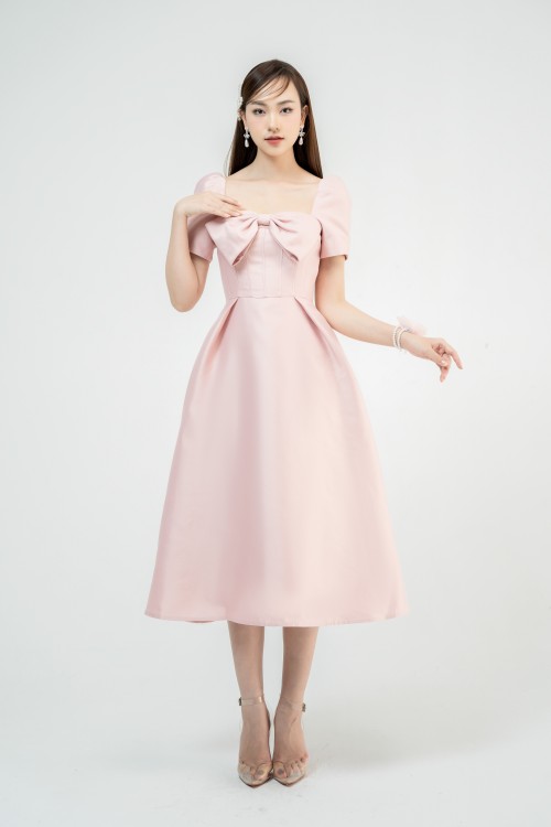 Sixdo Pink Square Neck Midi Taffeta Dress
