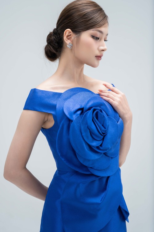 Sixdo Dark Blue Off-shoulder Mini Taffeta Dress