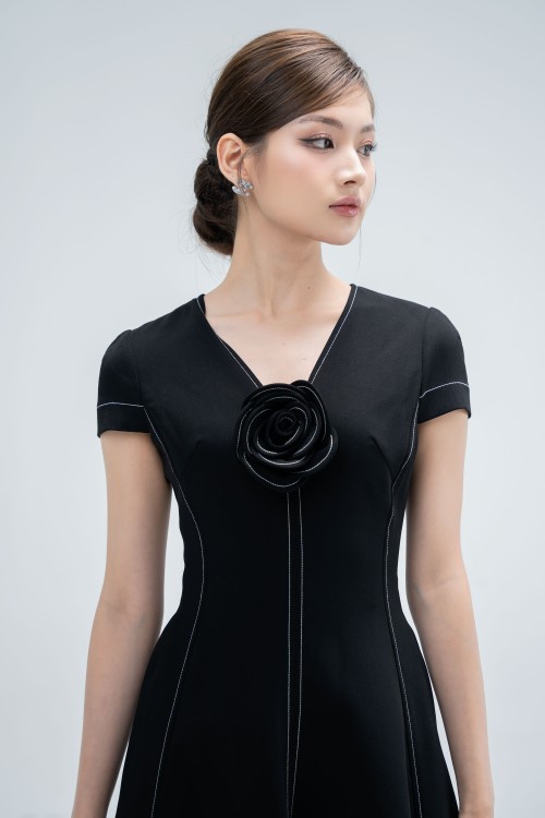 Sixdo Black Short Sleeves Midi Woven Dress 1