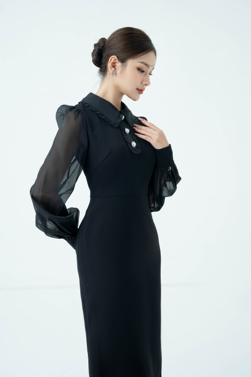 Sixdo Black Bishop Sleeve Midi Woven Dress