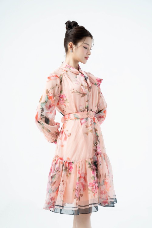 Sixdo Orangish-pink Rose Midi Voile Dress