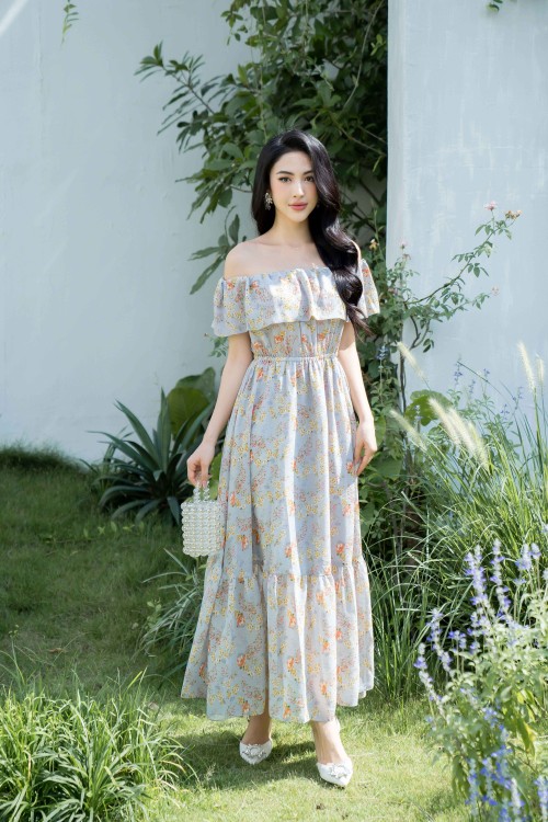 Sixdo Grey Floral Maxi Voile Dress