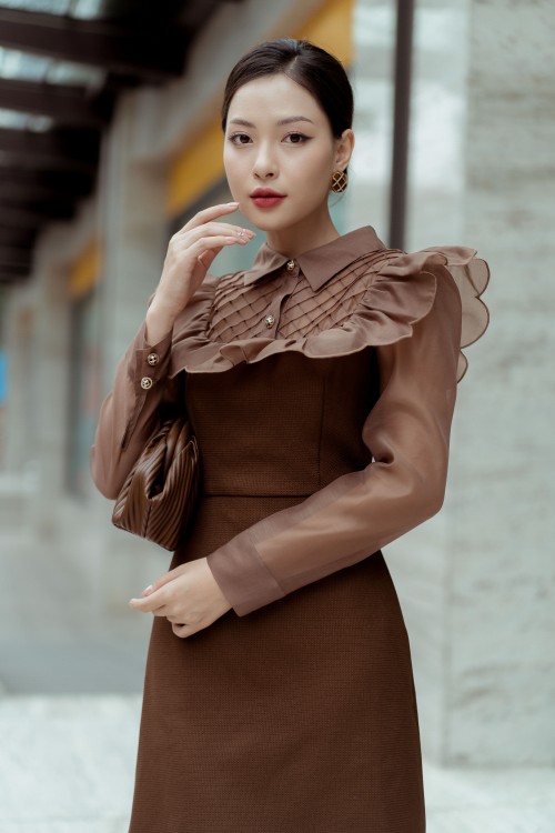 Sixdo Dark Brown Long Sleeves Mini Raw Dress