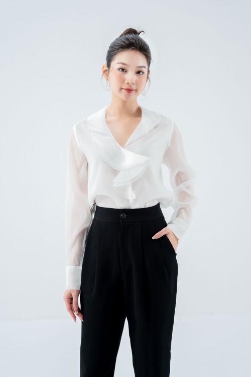 Sixdo White Frilled Stand Collar Top (áo nữ)