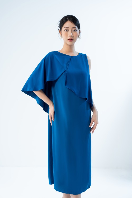 Sixdo Dark Blue Midi Silk Dress