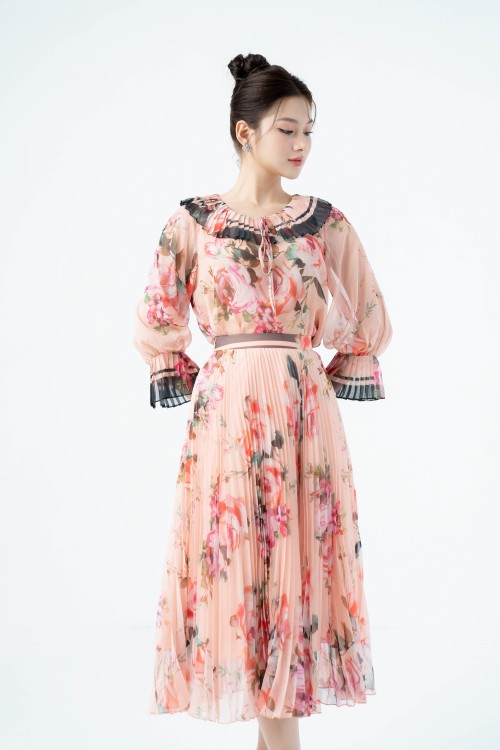 Sixdo Orangish-pink Rose Pleated Midi Voile Skirt (Chân váy)