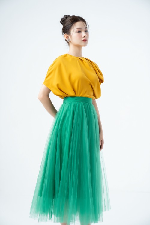 Sixdo Green Pleated Midi Mesh Skirt (Chân váy)