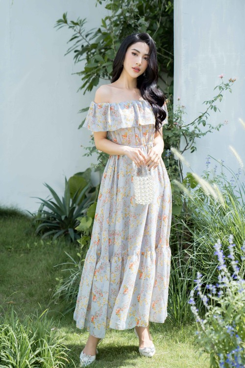 Grey Floral Maxi Voile Dress